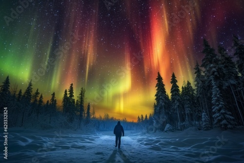 Northern Lights on the night sky. Aurora Borealis. AI generated  human enhanced