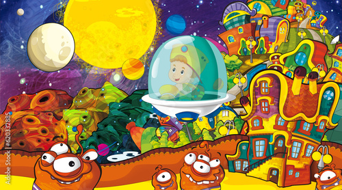 Cartoon funny colorful scene of cosmos galactic alien ufo isolated illustration for children