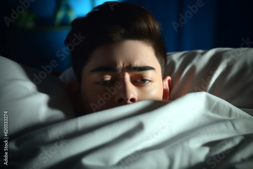 Young man in bed trying to sleep. The concept of insomnia. Background with selective focus and copy space © top images