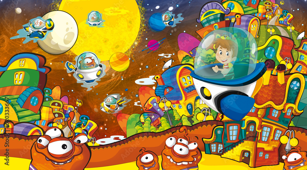 Obraz premium Cartoon funny colorful scene of cosmos galactic alien ufo isolated illustration for children