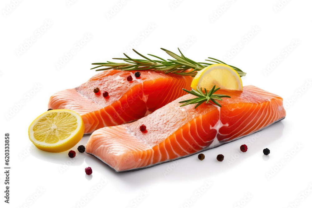 three slices Fillet of raw red fish with lemon and rosemary on a white plate. Generative AI three slices Fillet of raw red fish with lemon and rosemary on a white plate. Generative AI