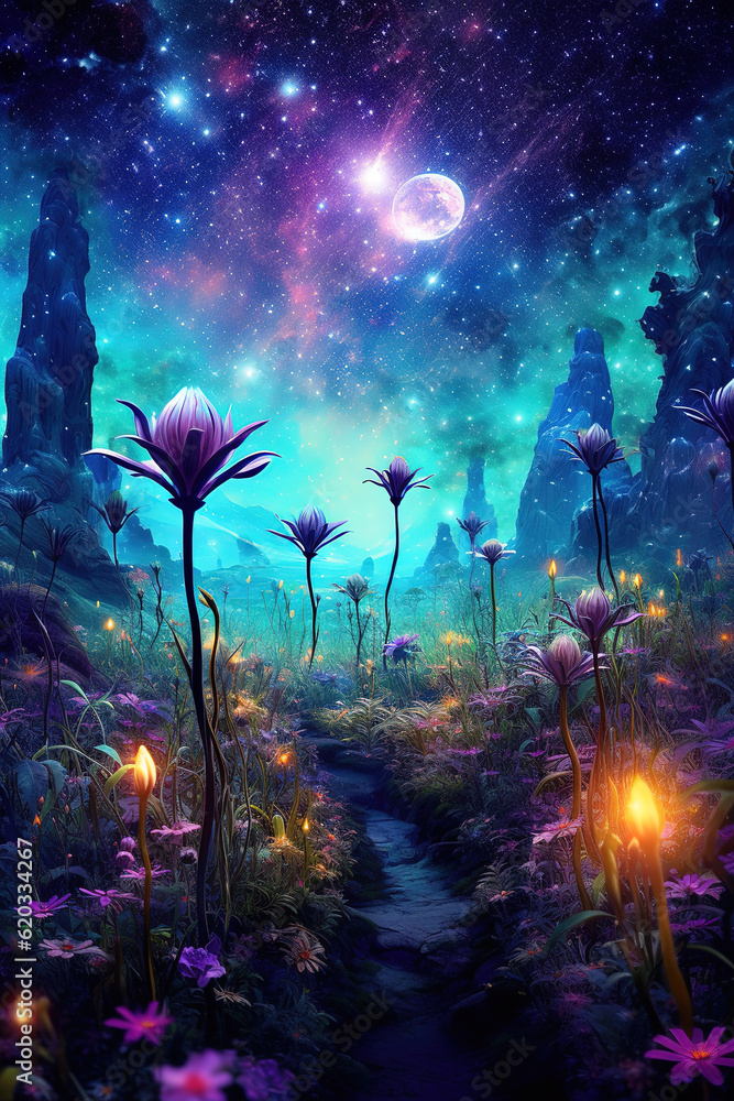 Magical Alien garden with shiny flowers and mountains.