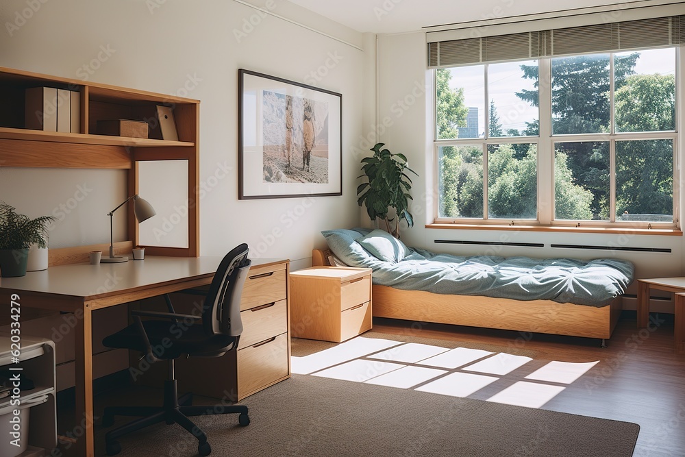 © Pajaros Volando - Interior of empty college dormitory room in campus with a single bed and a study desk