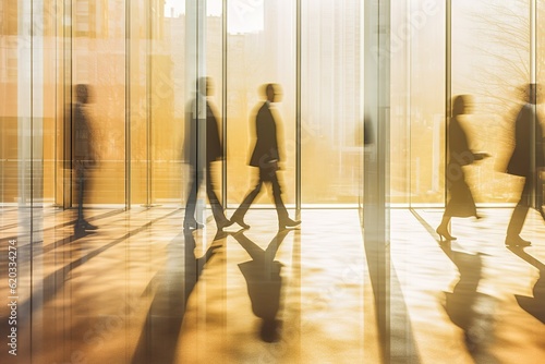 Business people silhouette walking in corridor in motion effect. Sunset golden light as background