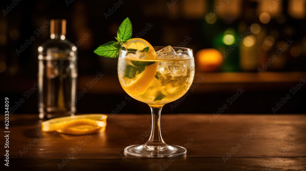 refreshing low alcohol drink with lemon and mint on a dark background. Generative AI refreshing low alcohol drink with lemon and mint on a dark background. Generative AI