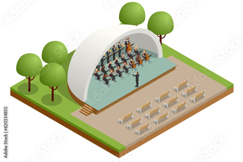 Isometric Symphony Orchestra. Symphonic string orchestra performing on stage and playing a classical music concert with conductor on theatre outdoor
