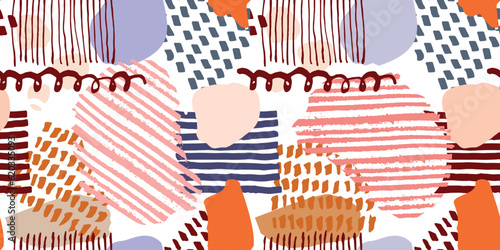 Abstract vector playful seamless pattern with hand drawn red, pink and blue shapes, blobs and lines. Bright colors texture for kids textile design, wrapping paper, surface, wallpaper, background