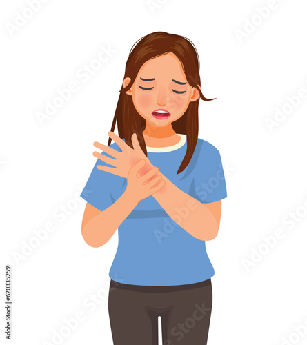 Young woman suffer from painful wrist injury with carpal tunnel syndrome