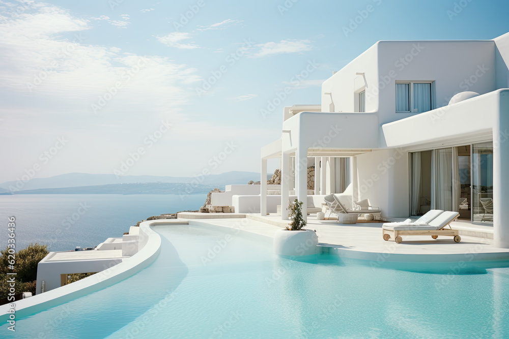 mediterranean architecture Luxury villa with swimming pool. Illustration, ai generative