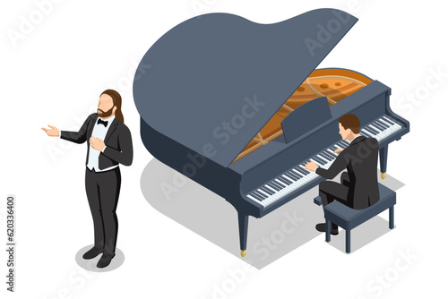 Isometric man pianist plays the grand piano and a opera singer stands next