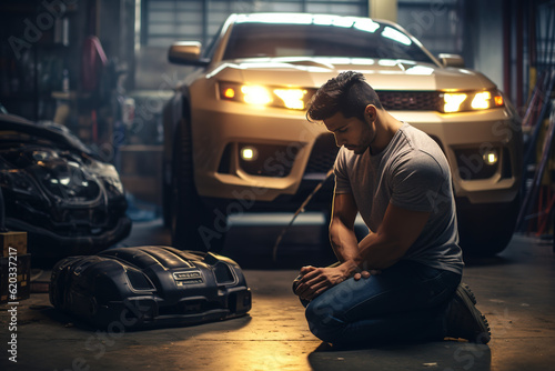 Young Hispanic Car Mechanic Praying in Front of His Car in a Garage