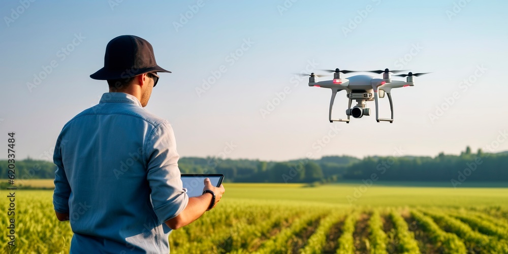 Agricultural engineer piloting drone to monitor field Agricultural engineer piloting drone to monitor field