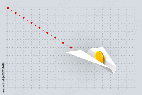 White paper airplane with gold coin over business graph