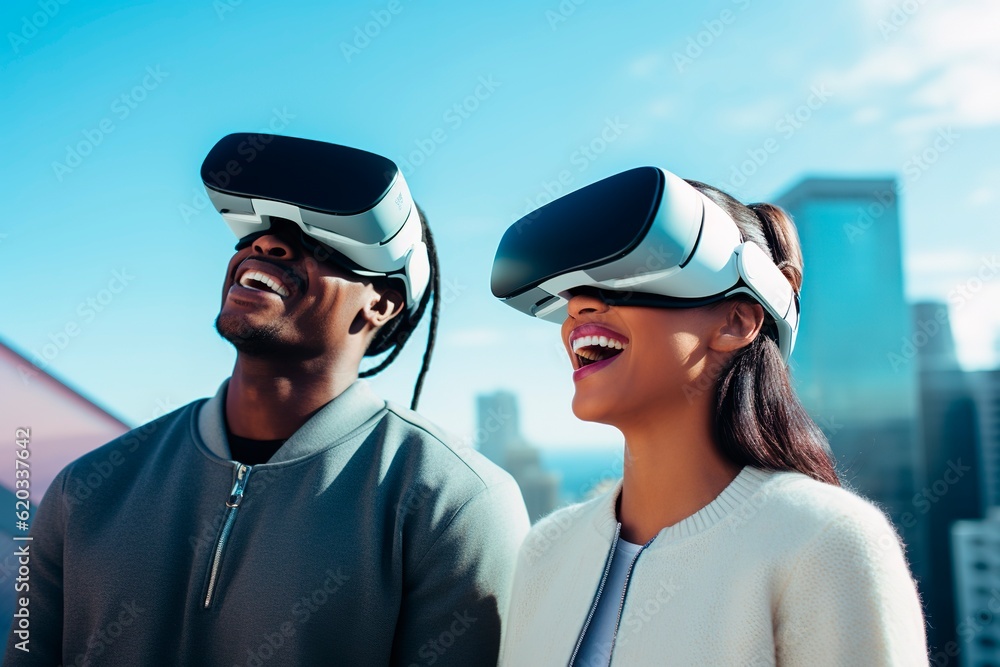 African American couple wearing tech Virtual Reality headset in outdoors African American couple wearing tech Virtual Reality headset in outdoors