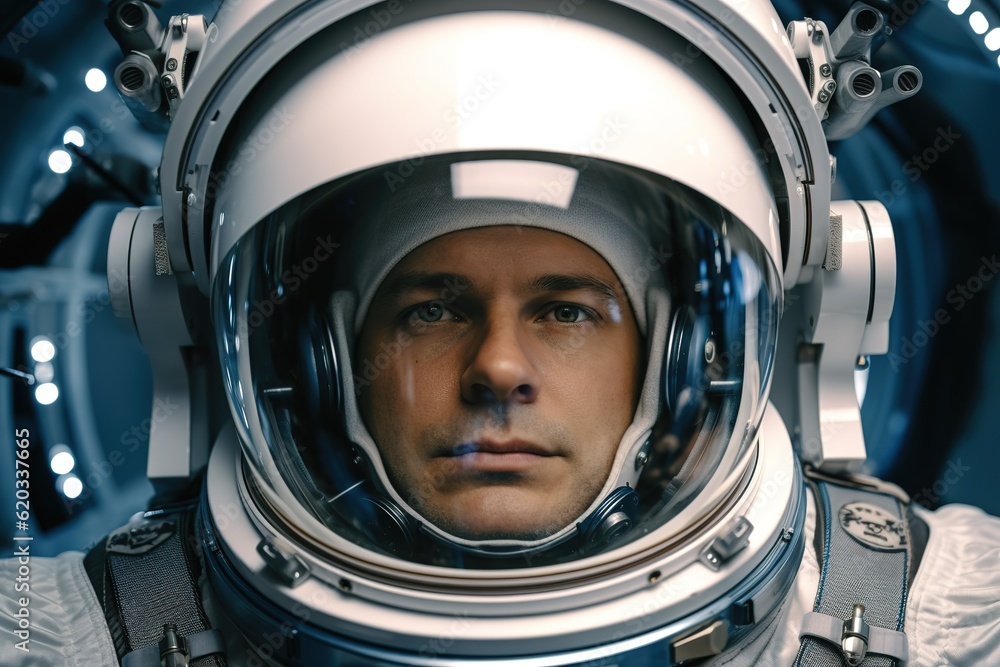 Front view headshot of astronaut in space suit Front view headshot of astronaut in space suit