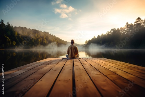 Back view of solitary man meditating in wooden deck by the lake on a misty sunny morning