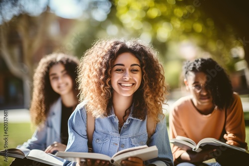 Outdoors casual shot of university female students reading in the campus field on a sunny day