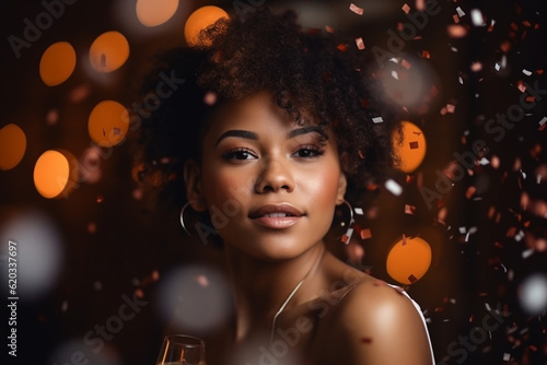 Young afro-american woman with a glass of champaigne at a party. Generative AI