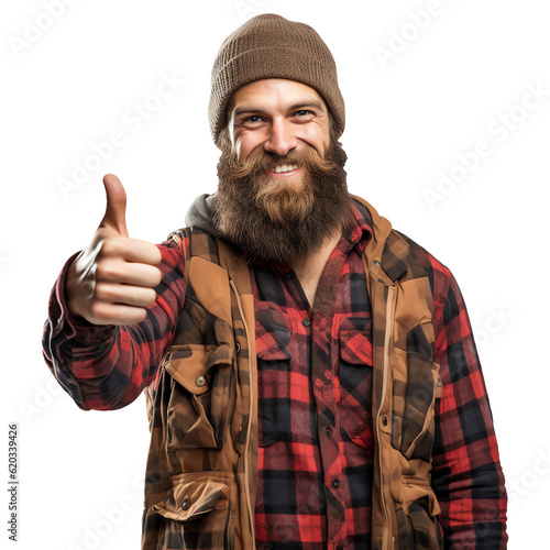 Lumberjack with hat, beard, vest and flannel shirt smiling thums up isolated - Generative AI photo