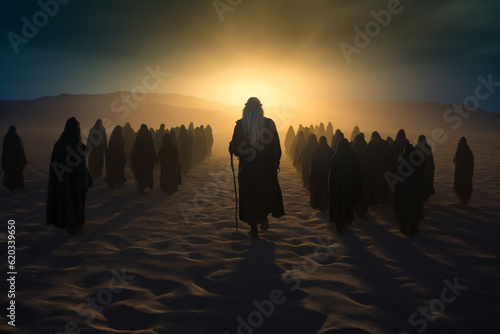 Moses leads the Jews through the desert, Moses led his people to the Promised Land through the Sinai desert. Religion Bible, History. Escape.