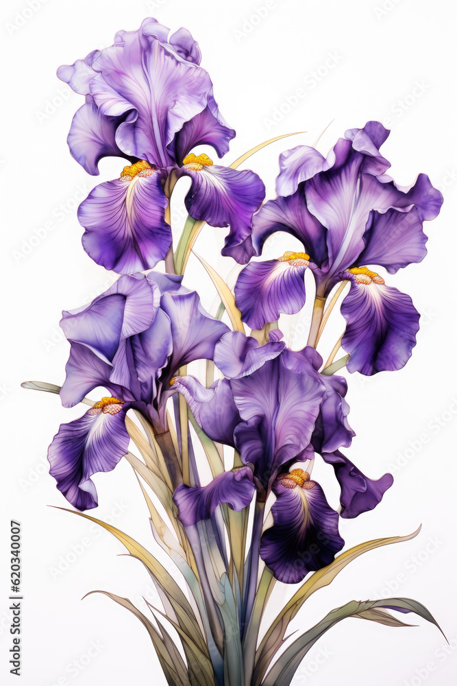 Purple irises on an isolated white background Purple irises on an isolated white background