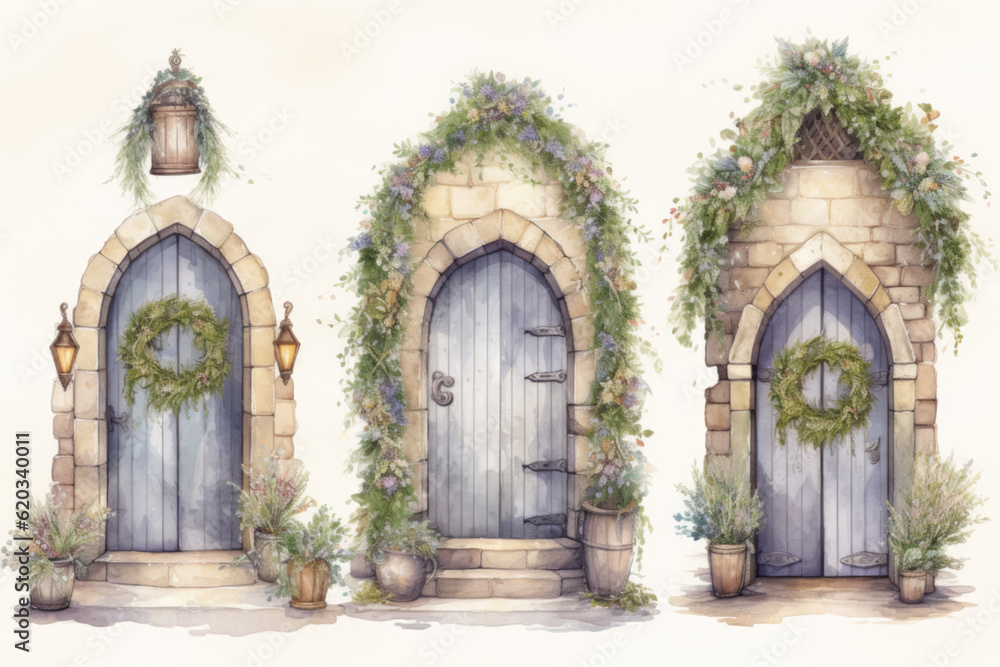 Three arched doorways covered with plants and flowers isolated on a white background