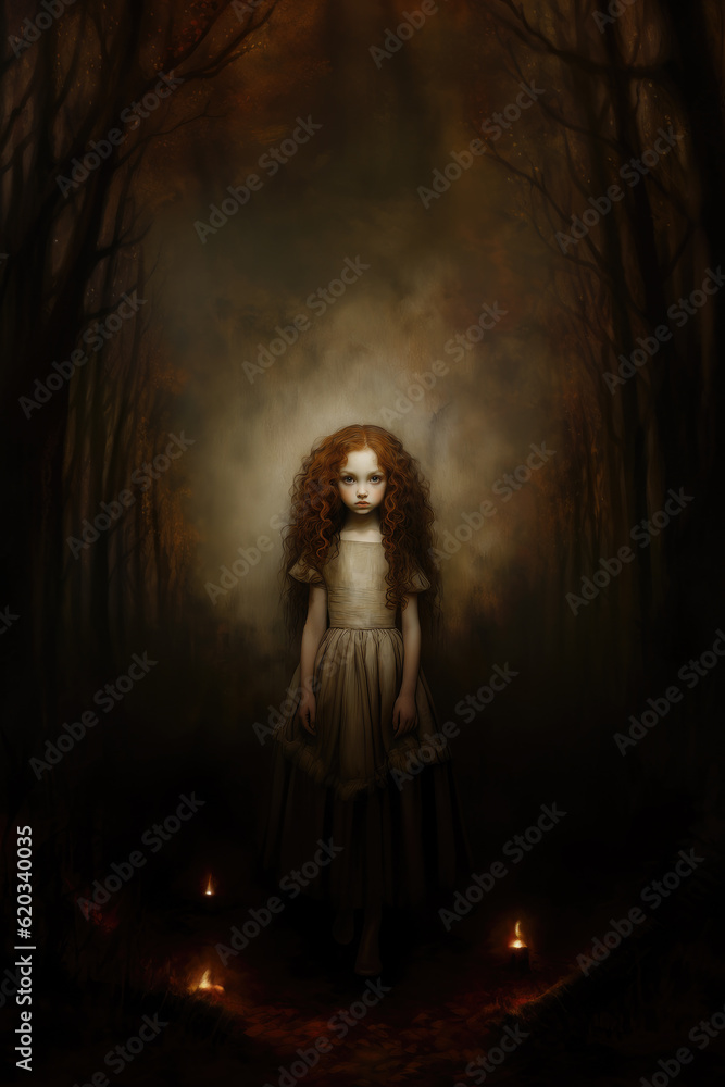 A hauntingly beautiful eerily creepy little girl in an old fashioned dress standing in a forest surrounded by trees A hauntingly beautiful eerily creepy little girl in an old fashioned dress standing in a forest surrounded by trees