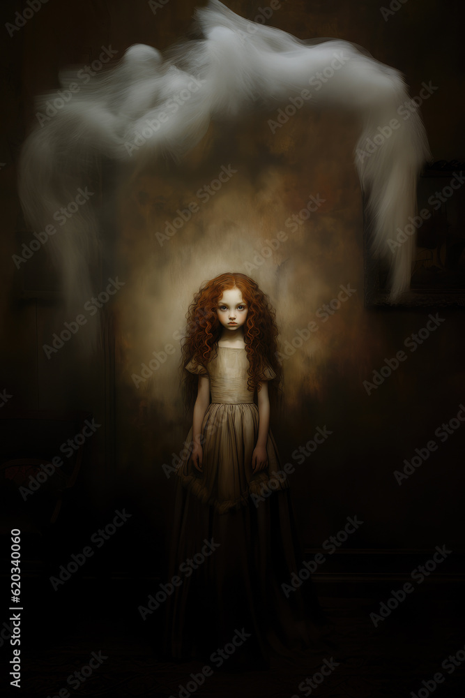 A hauntingly beautiful eerily creepy little girl in an old fashioned dress surrounded by a ghostly apparition
