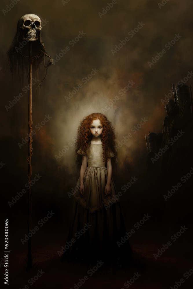 A hauntingly beautiful eerily creepy little girl in an old fashioned dress standing next to a skull on a stick A hauntingly beautiful eerily creepy little girl in an old fashioned dress standing next to a skull on a stick