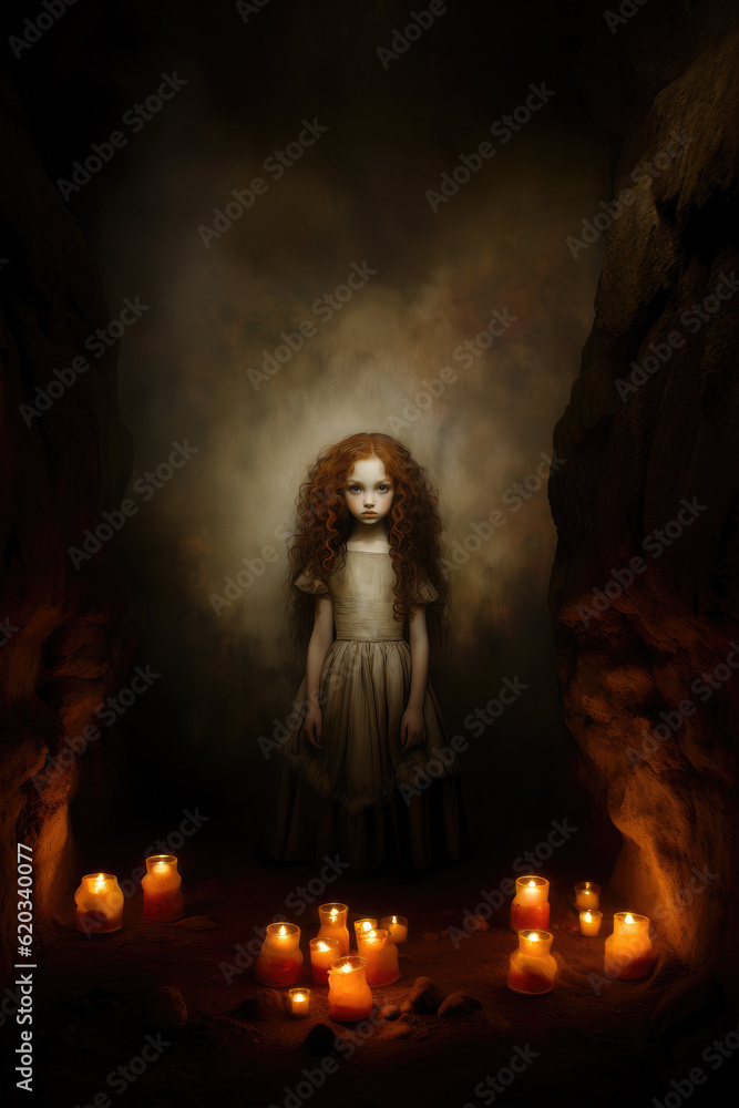 A hauntingly beautiful eerily creepy little girl in an old fashioned dress surrounded by candles