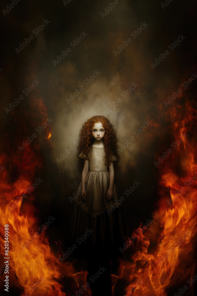 A hauntingly beautiful eerily creepy little girl in an old fashioned dress surrounded by fire