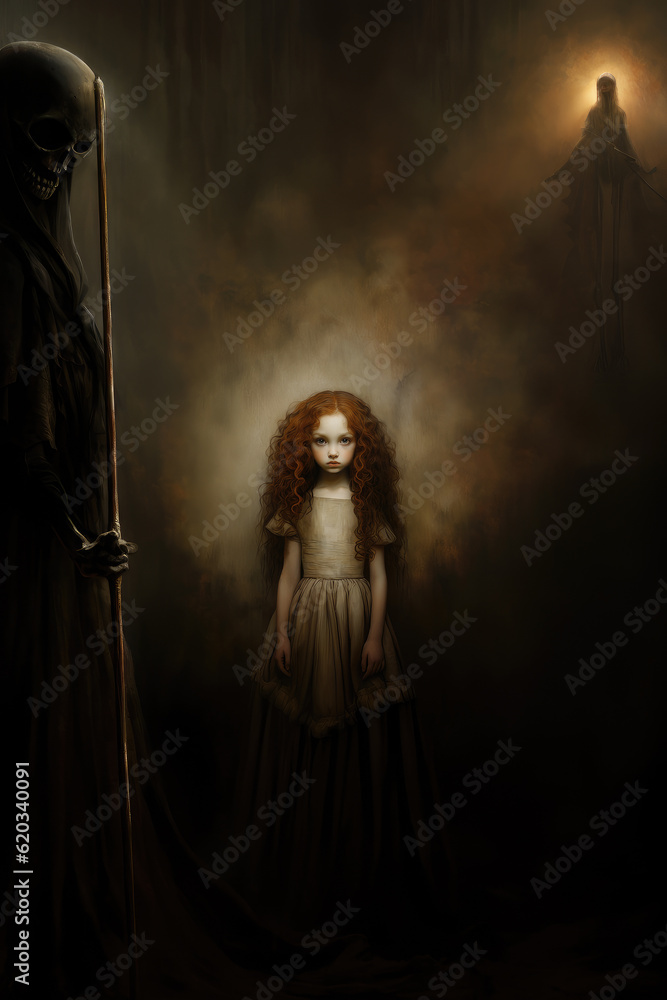 A hauntingly beautiful eerily creepy little girl in an old fashioned dress standing next to the grim Reaper