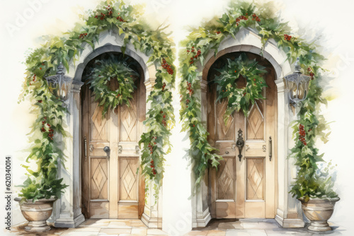 Two arched doorways with Christmas wreaths isolated on a white background