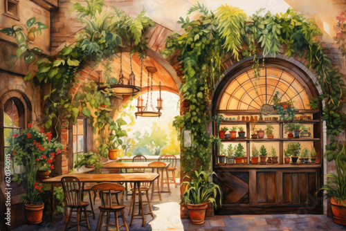 Interior of a cafe restaurant with tables plants and arches