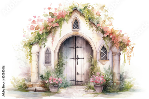 A church covered with flowers and plants with an arched doorway isolated on a white background