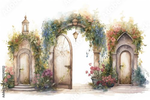 Three arched doorways covered with plants and flowers isolated on a white background © gridspot