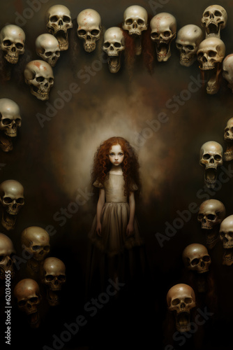 A hauntingly beautiful eerily creepy little girl in an old fashioned dress surrounded by skulls