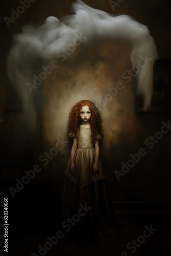 A hauntingly beautiful eerily creepy little girl in an old fashioned dress surrounded by a ghostly apparition