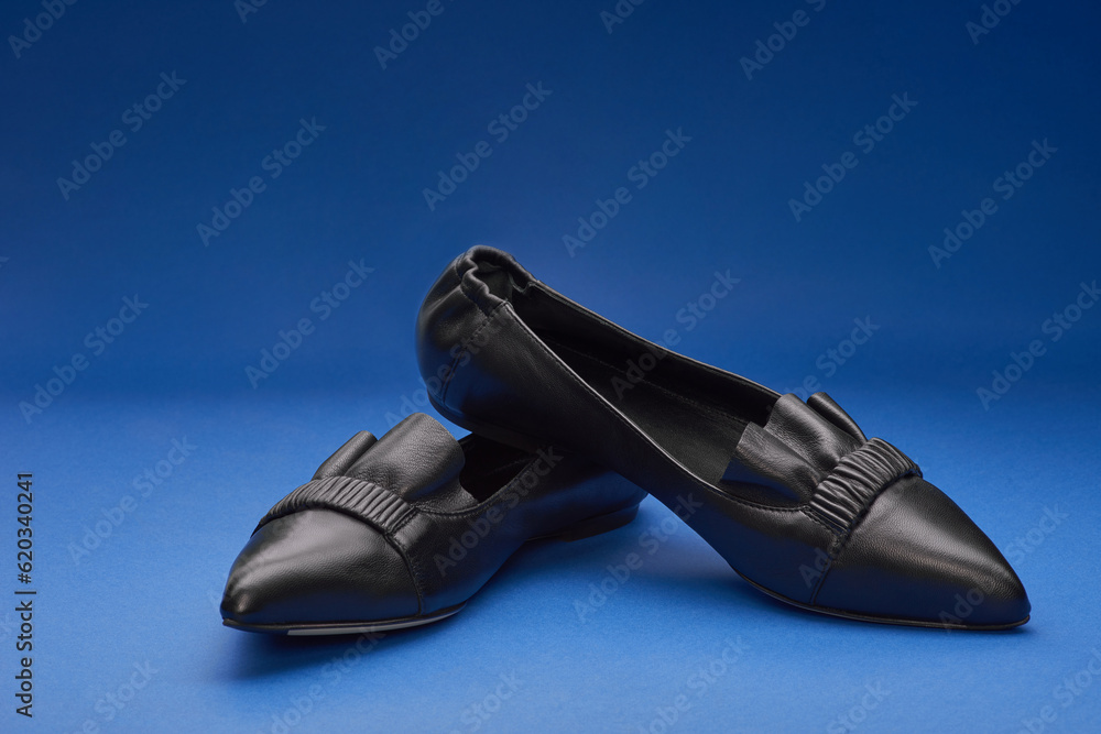 Elegant black pointed-toe leather ballet flats with wrinkled and ruffle details on the blue gradient background. Copy space. Creative minimalistic layout with footwear. Elegant black pointed-toe leather ballet flats with wrinkled and ruffle details on the blue gradient background. Copy space. Creative minimalistic layout with footwear.