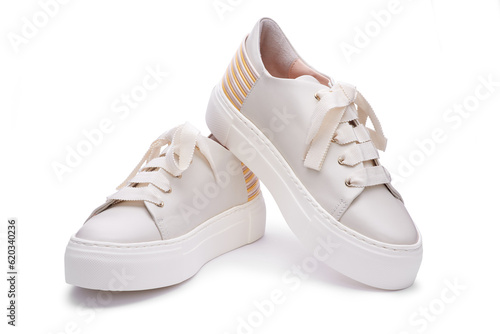 Stylish modern pastel sneakers with thick white rubber platform sole, multicolor detail on the back. Isolated on the white background, close up view. Shoe sell mock-up