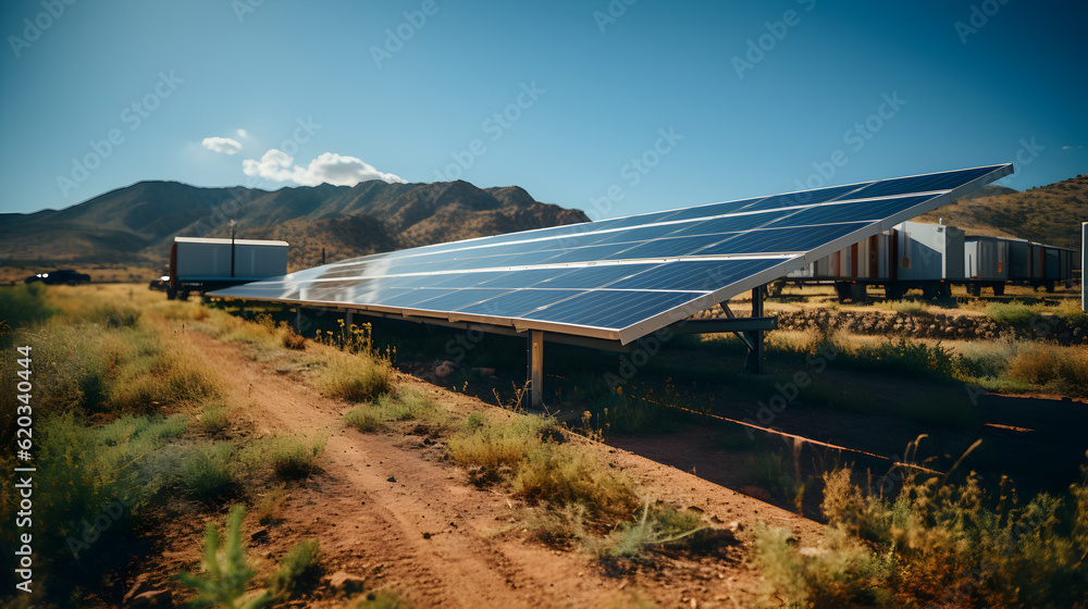 Fototapeta premium a solar panel field in the desert, sunset Generative AI