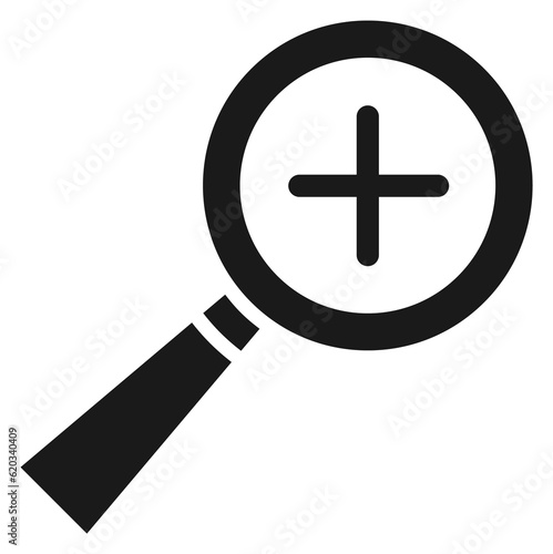 Black magnifying glass with croos sign. Zoom in symbol