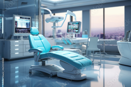 Modern Dental Clinic with a dentist chair and various accessories used by dentists  illuminated in blue medical light. Generative Ai.