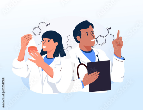 Different medical staff with their patients. Healthcare concept. Hand drawn vector illustration. Medical check up