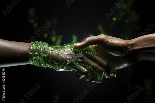 Two hands firmly clasp a green symbol representing the power of sustainability and environmental consciousness within the industry. Generative Ai.