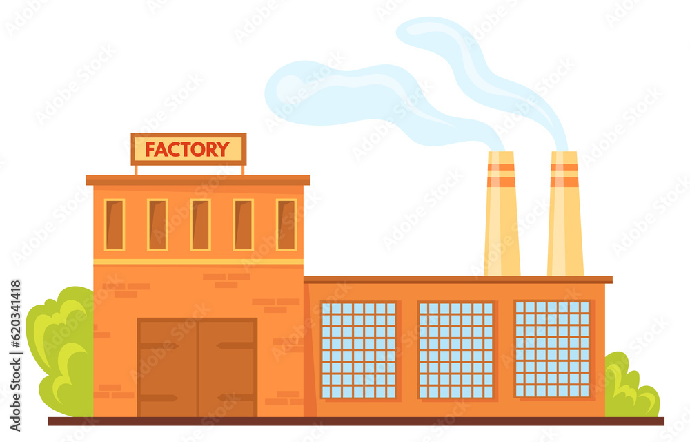 Factory facade. Cartoon industrial building. City manufacture