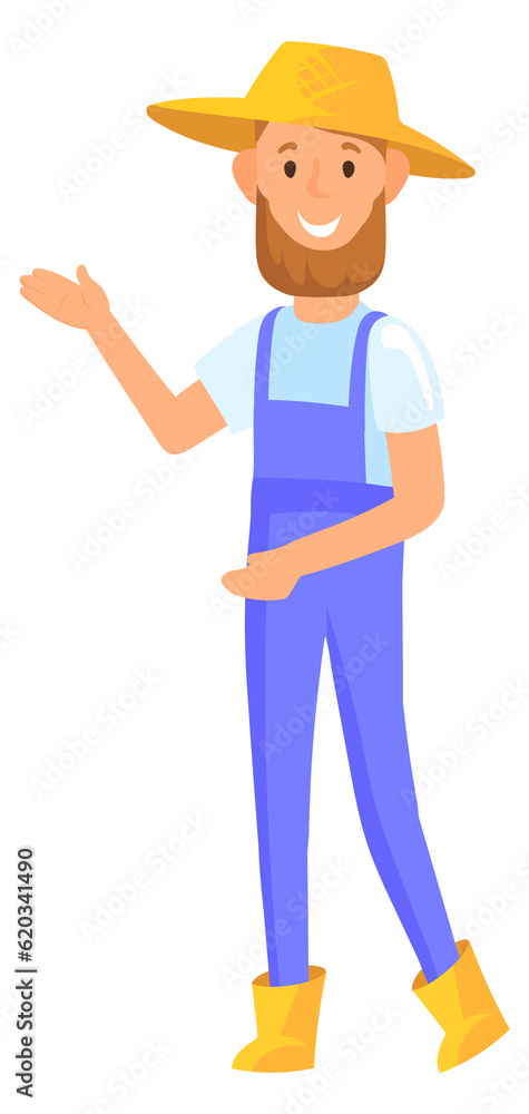 Happy farmer. Smiling man in straw hat. Cartoon character Happy farmer. Smiling man in straw hat. Cartoon character