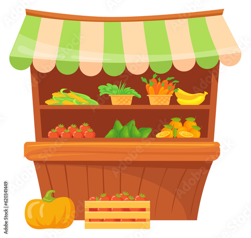 Fresh vegetables street stand. Cartoon food stall