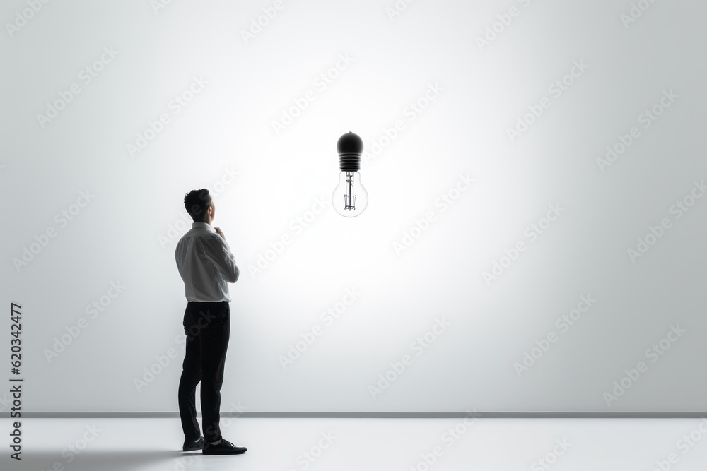 Obraz premium a concept art of a business man looking at a light bulb symbolizing a new creative idea eureka. isolated on white background. Generative AI