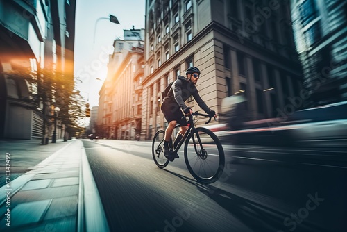 Wide angle view in motion of cyclist riding bike in the city